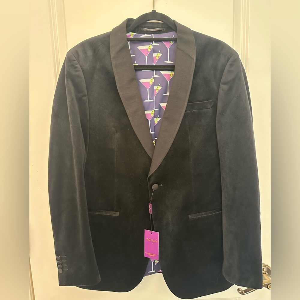 Black Velvet Blazer John Stephen of London Purple Martini Lining 38R NWT